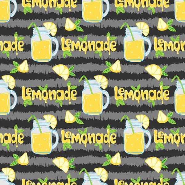 Limonade Pot Citroen Plakjes Naadloos Patroon Gestreepte Achtergrond — Stockvector