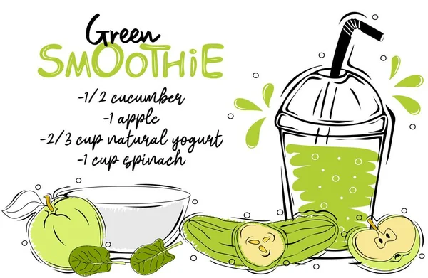 Groene Smoothie Recept Met Illustratie Van Ingrediënten Poster Voor Gezond — Stockvector