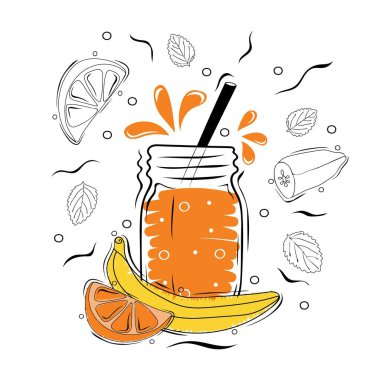 Meyve kokteyli ve malzemelerin çizimi.