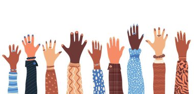 Group hands up of diverse people. Concept of volunteerism, diversity, multi-ethnicity, equality, racial and social issues.