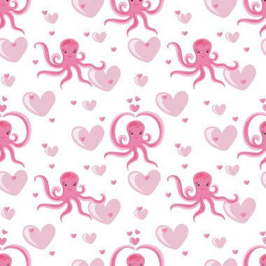 Seamless pattern with funny octopuses and hearts. Marine dwellers