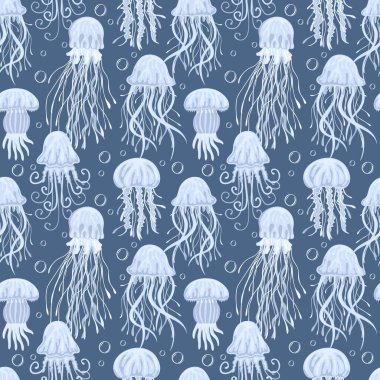 Seamless pattern with colorful jellyfishes. Marine dwellers