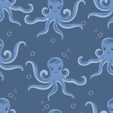 Seamless pattern with funny octopuses. Marine dwellers. Concept of sea and ocean life