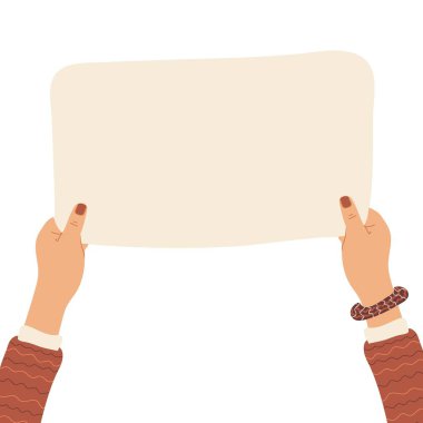 Woman's hands holding empty blank paper, banner with copy space,  blank for an advertising message