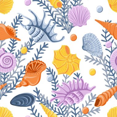 Seamless pattern with different  shells. Marine dwellers. Concept of sea and ocean life. Modern print for fabric, textiles, wrapping paper