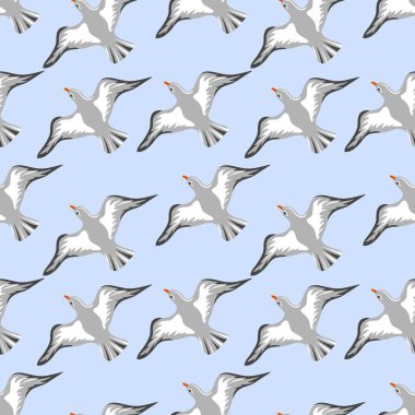 Seamless pattern with hand drawn flying seagulls. Seabirds. Concept of sea and ocean life