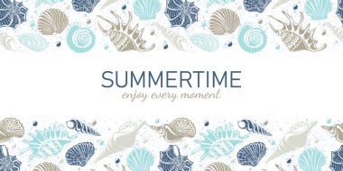 Summertime, enjoy every moment. Seamless horizontal border with colorful seashells on a white background