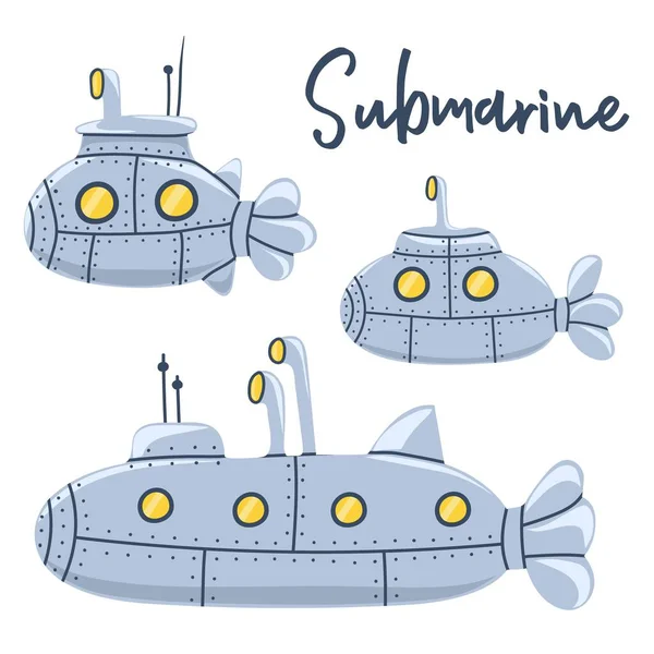Set Hand Drawn Submarines Periscope Underwater Boats — 스톡 벡터