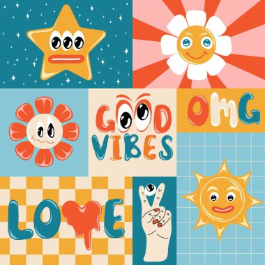 Kare retro estetik poster. Komik çizgi film karakterleri. Moda modası geçmiş çizgi film tarzında komik öğeler kümesi