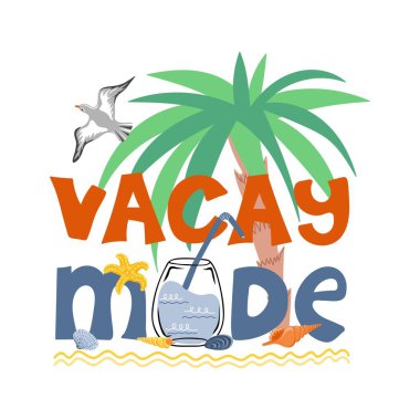 Vacay modu. Deniz kokteyli, denizyıldızı, deniz kabuğu ve palmiye ile ilham verici bir ifade.