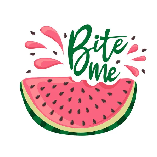 Bite Watermelon Spray Juice Slice Red Flesh Black Seeds Piece — Stock Vector