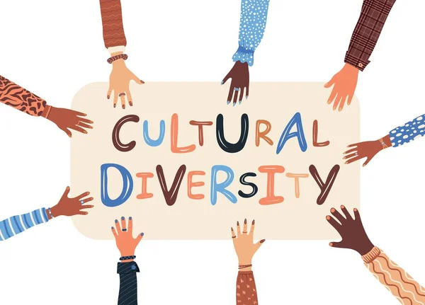 Metin Kültürel Çeşitliliğiyle Çeşitli Insan Elleri Pankartı Tutuyor — Stok Vektör