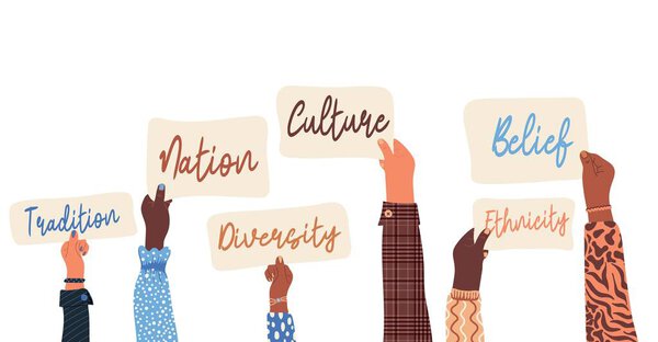 Diverse human hands holding banners with text . Cultural ethnicity diversity concept