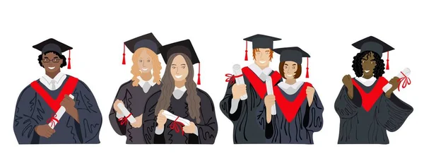 不同族裔的毕业生 穿着校服 头戴毕业帽 拥有学历证书的快乐学生 — 图库矢量图片