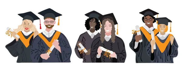 Farklı Etnik Mezunlar Akademik Önlük Mezuniyet Şapkası Giyen Mutlu Öğrenciler — Stok Vektör