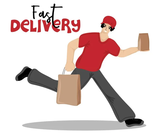 Fast Delivery Running Man Red Uniform Courier Delivery Services Holding — Stock Vector