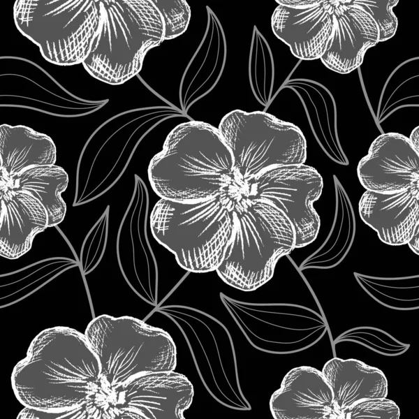 Patrón Sin Costura Floral Monocromo Moda Imprimir Flores Hojas Dibujadas — Archivo Imágenes Vectoriales