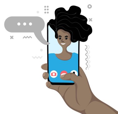 Ekranda Afrikalı Amerikalı kız arkadaşı olan bir erkek akıllı telefon tutuyor. Video çağrısı ve sohbet konsepti