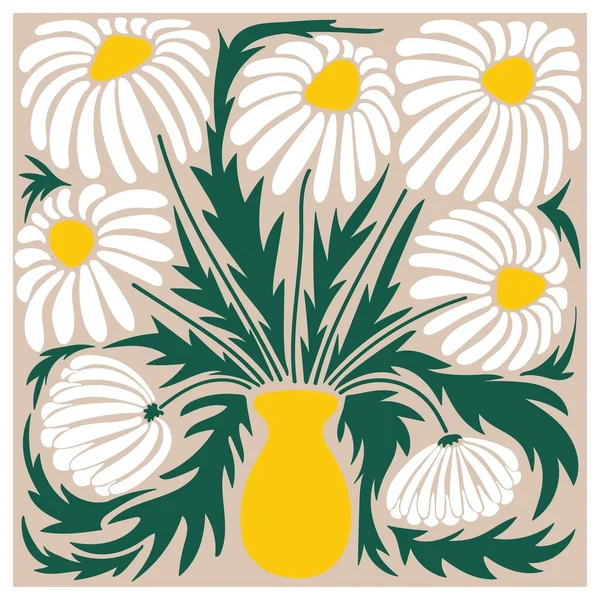 Bloemen Retro Poster Met Kamille Trendy Handgetekende Bloemen Infantiele Stijl — Stockvector