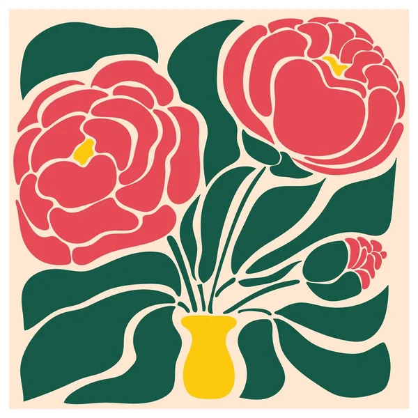 Цветочный Ретро Плакат Пионами Трендовые Нарисованные Вручную Цветы Инфантильного Стиля — стоковый вектор
