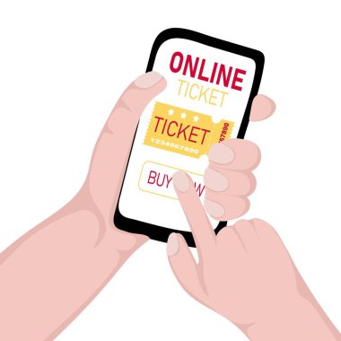 İnsan eli ekranda bileti olan cep telefonunu tutuyor. Mobil bir uygulama kullanarak internetten bilet almak