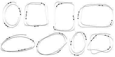 Noktalı el çizimi zarif çerçeveler. Minimalist şekil sınırları. Posterler, afişler, kartlar, davetiyeler ve benzerleri için karalama tasarımı ögeleri