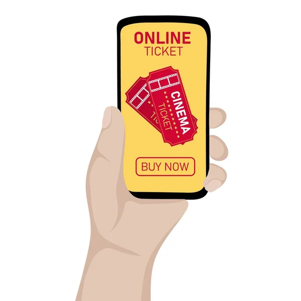 stock vector Human hands holding mobile phone with cinema tickets on screen. Buying movie tickets online using a mobile app