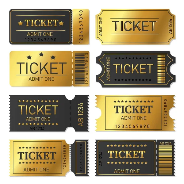 Luxury Golden Ticket Template Set Cinema Theater Concert Play Party — Stock Vector