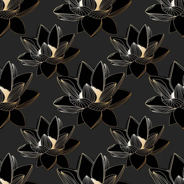 Modèle Sans Couture Avec Des Fleurs Lotus Dorées Fond Sombre — Image vectorielle