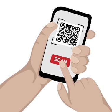 Ekranda QR kodu olan insan eli cep telefonu. Cep telefonuyla QR kodu taranıyor