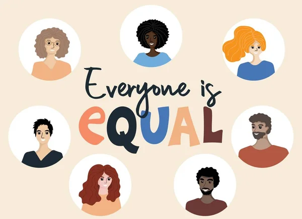 みんな平等だ 複数の民族や性別の人々の顔 多様性 包摂性 公平性の概念 人種平等と反人種差別 多文化社会 — ストックベクタ