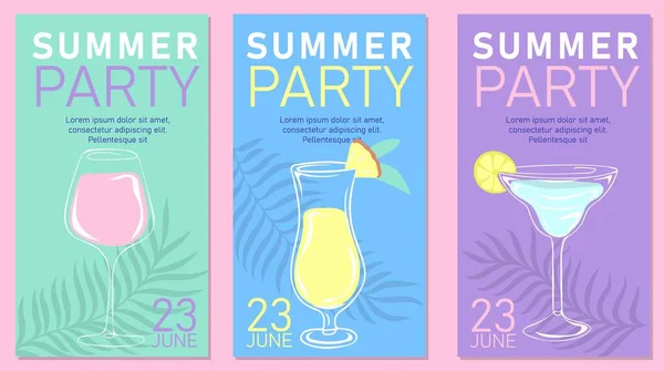 现代夏季派对的横幅 海报或卡片与热带树叶和夏季鸡尾酒 简约风格的流行模板 — 图库矢量图片