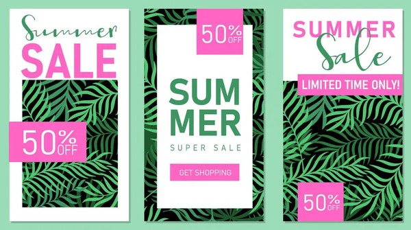 Moderne Vertikale Sommerschlussverkauf Banner Poster Oder Karten Mit Tropischen Palmenblättern — Stockvektor