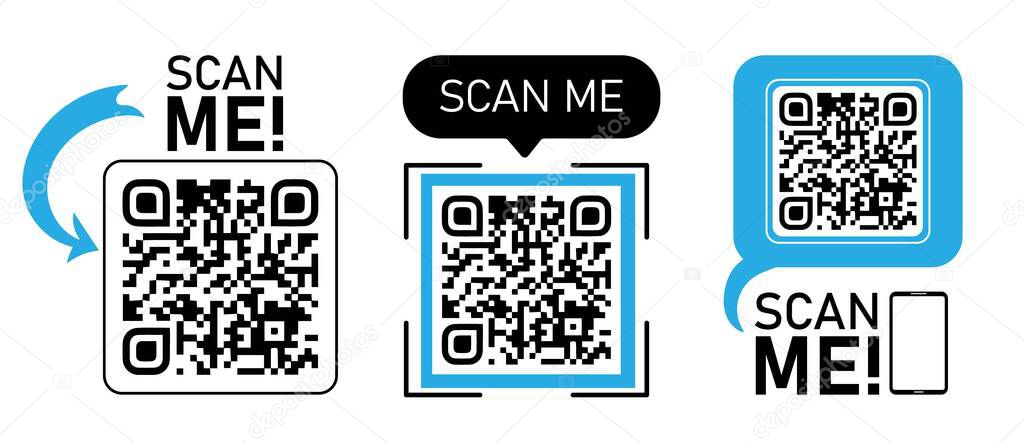 QR code for smartphone with scan me text. Qr code for payment, e-wallet, web, mobile app. UI UX design element. Barcode scan for smartphone