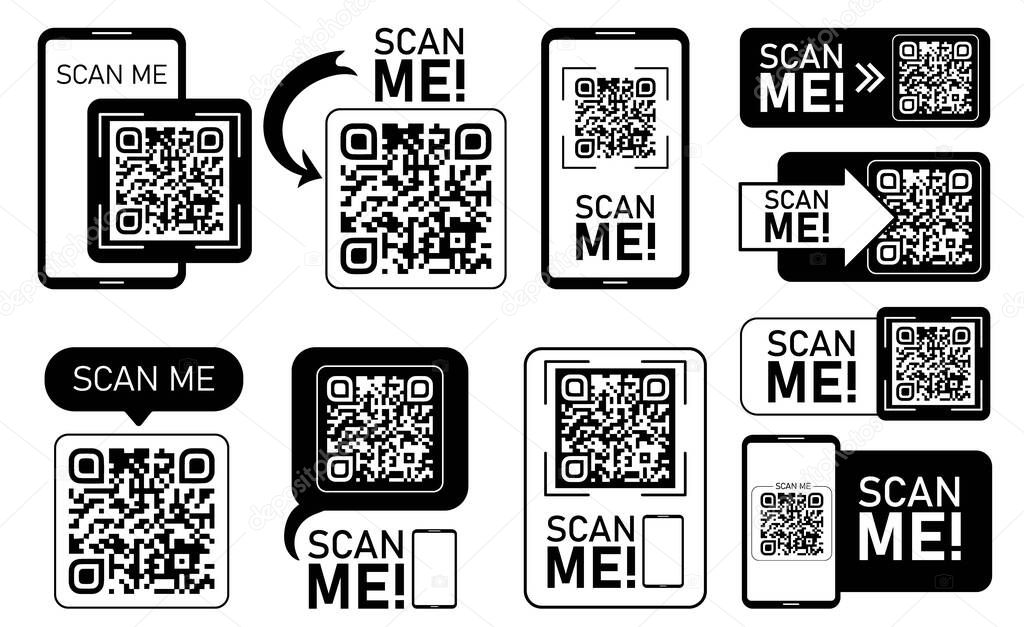 Set of QR codes with scan me text. Qr code for payment, e-wallet, web, mobile app. UI UX design element. Barcode scan for smartphone. Mobile payment and identity