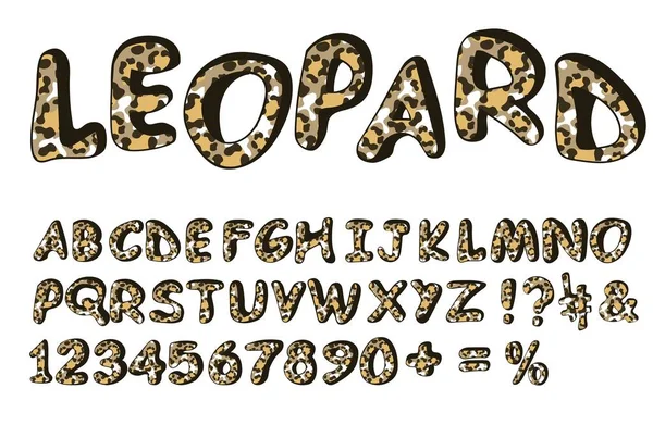 stock vector Leopard font. Hand drawn doodle alphabet of wildcats prints. Modern Uppercase letters and numbers on white background