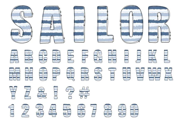Fonte Sailor Alphabet Gribouillé Dessiné Main Avec Motif Rayé Lettres — Image vectorielle