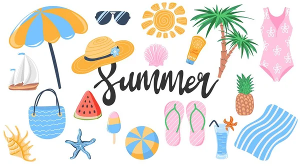 一套可爱的夏季元素 热带假期 完美的夏季海报 剪贴簿 邀请函 贴纸包 — 图库矢量图片