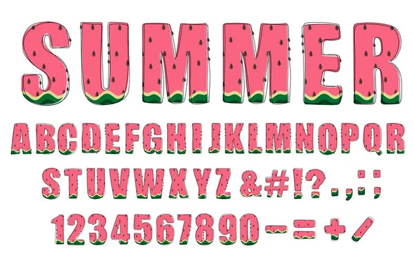 夏天西瓜流行字母表 手工绘制的带有西瓜图案的涂鸦字体 现代大写字母 数字和标点符号 — 图库矢量图片