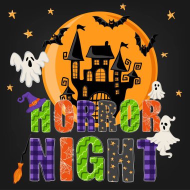 Korku gecesi. İçinde hayaletler, yarasalar, şato, ay ve yıldızlar olan el çizimi metinler. Cadılar bayramın kutlu olsun. Poster, pankart, tişört, kart, davetiye için tatil tasarımı