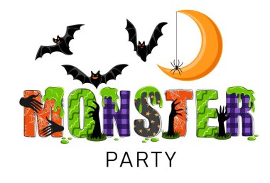 Canavar partisi. Yeşil balçık, ay, yarasa, örümcek ve zombi elli el çizimi karalama metni. Poster, pankart, tişört, kart, davetiye için tatil tasarımı