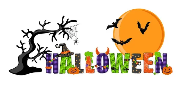 Halloween Texto Garabato Dibujado Mano Con Sombrero Bruja Murciélago Arañas — Vector de stock