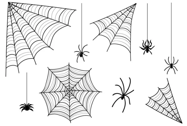 Spinnen Und Spinnweben Glückliches Halloween Konzept Handgezeichnetes Doodle Gestaltungselement Für — Stockvektor