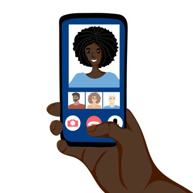 Ekranda video görüntülü insan eli cep telefonu. Video konferansı ve çevrimiçi iletişim kavramı