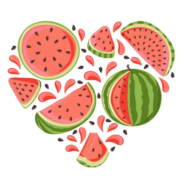 Watermelon Slices Whole Spray Juice Heart Shape Slice Red Flesh — Stock Vector