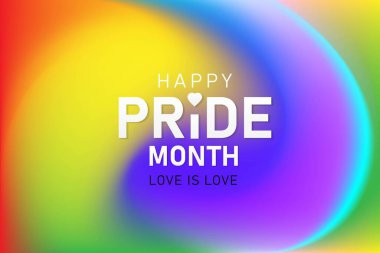 Gökkuşağı gradyan arkaplanı ile ilgili mutlu gurur aylık kağıt metinleri. İnsan hakları ya da çeşitlilik kavramı. LGBT olay pankartı tasarımı