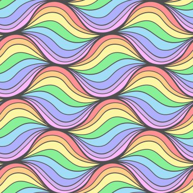 Modern renkli, dalgalı, pürüzsüz desen. Gökkuşağı renkli dokusu ve birçok çizgisi var. Kumaş, tekstil ve ambalaj kağıdı için soyut modern baskı