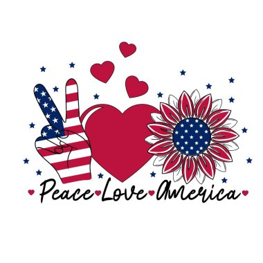 Peace Love America Vatansever Tişört Tasarımı. ABD Bayrağı desenli Bağımsızlık Günü sembolü