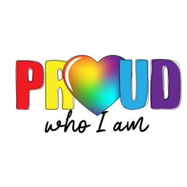 Kim olduğumla gurur duyuyorum. Kalpli gökkuşağı metni. Tişört, poster, afiş, kart için modern baskı. LGBT hakları, gurur ayı