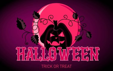 Mutlu Cadılar Bayramı afişleri, poster ya da parti davetiyesi. Ay arka planında korkunç balkabağı olan tatil tasarımı